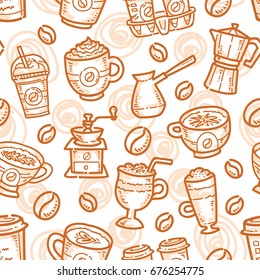 Coffee seamless pattern with mugs and coffee makers