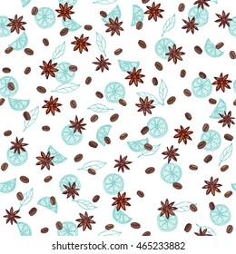 Coffee seamless pattern - a nice regular print with coffee beans and star anise on white background