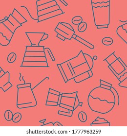 Patrón de café sin fisuras en el fondo rosado. Ornamento de café especial con ilustraciones vectoriales en estilo de línea. Vector de fondo de café para el diseño de etiquetas creativas, pancarta de la cafetería de los agricultores.