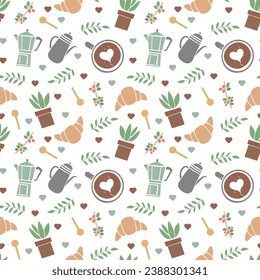 Coffee seamless pattern on a white background. Repeat vector illustration for cafe, cafeteria, restaurant, menu, and fabric.