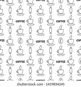 Coffee seamless pattern. Outline vector background.