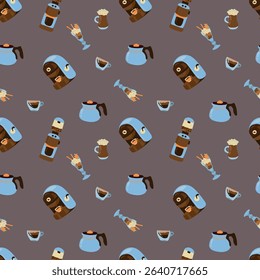 Coffee seamless pattern coffee pot, coffee machine, coffee. Design for cafe, fabric, textile, wallpaper, packaging
