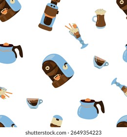 Coffee seamless pattern coffee pot, coffee machine, coffee. Design for cafe, fabric, textile, wallpaper, packaging	