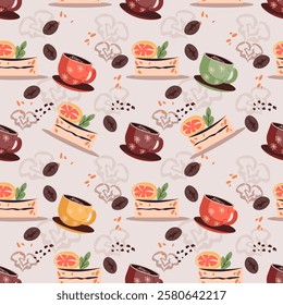 Coffee seamless pattern. Repeatable background with coffee beans, cakes and cups elements, vector illustration.