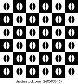 Coffee seamless pattern. Repeating coffee bean patterns. Repeated beans black and white background. Geometric coffe texture. Seed for cafe. Abstract patern grain. Grains prints. Vector illustration