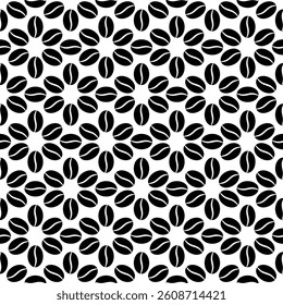 Coffee seamless pattern. Repeating coffee bean patterns. Repeated black beans isolated on white background. Geometric coffe texture. Seed for cafe. Abstract grain. Grains prints. Vector illustration