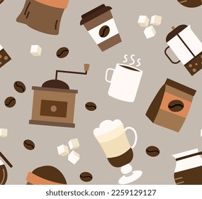 Coffee seamless pattern. Repeating design element for printing on fabric. Hot drink and beverage, tasty and aroma liquid. Moccaccino, cappuccino and latte, tea. Cartoon flat vector illustration