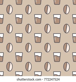 Coffee seamless pattern set with cups and beans. Vector illustration.