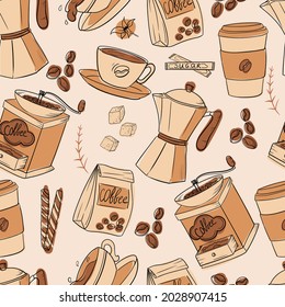 Coffee seamless pattern. A set of items for the preparation of nipitkov in the Coffee House. Decor element. Vector illustration isolated on white background.