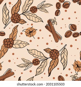 Coffee seamless pattern. A set of items for the preparation of nipitkov in the Coffee House. Decor element. Vector illustration isolated on white background.