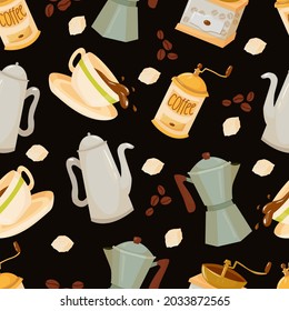 Coffee seamless pattern. A set of items for the preparation of nipitkov in the Coffee House. Decor element. Vector illustration isolated on white background.