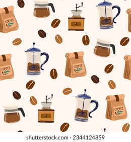 Coffee seamless pattern. Specialty cafe, packaging design elements, print. Coffee device maker surface pattern. Hand drawn vector illustration