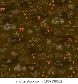 Coffee seamless pattern with spices for tea and coffee. Drawn brown finely patterned vector texture.