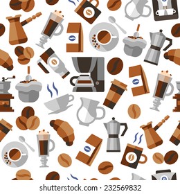 Coffee seamless pattern with sugar jar pot bean cup machine vector illustration.