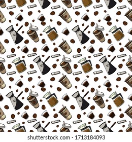 Coffee Seamless Pattern, there is a lot of coffee and brewing coffee in one image
