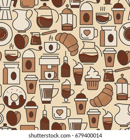 Coffee seamless pattern with thin line icons of equipment for cooking, coffee beans, croissants, cakes for shop, cafe, menu or web site. Vector illustration.