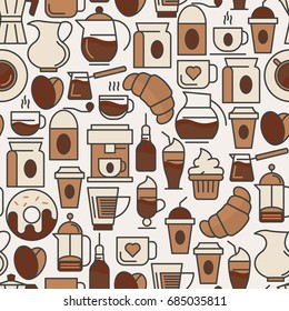 Coffee seamless pattern with thin line icons of equipment for cooking, coffee beans, croissants, cakes for shop, cafe, menu or web site. Vector illustration.