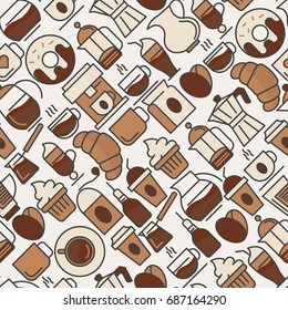 Coffee seamless pattern with thin line icons of equipment for cooking, coffee beans, croissants, cakes for shop, cafe, menu or web site. Vector illustration.