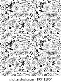 Coffee seamless pattern in traditional tattoo style, vector illustration