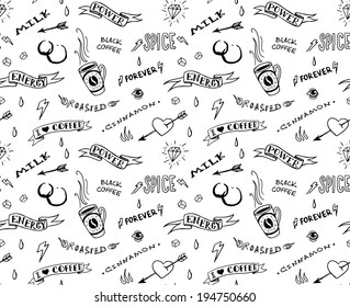 Coffee seamless pattern in traditional tattoo style, vector illustration