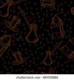 coffee seamless pattern turkish coffee pot mechanical grinder mill coffee bean, doodle, hand drawn, vector. 