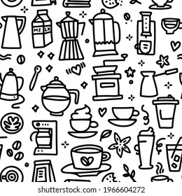 Coffee Seamless Pattern with various doodle linear elements - cup, mill, pot, turk and milk. Line hand drawn vector illustration.