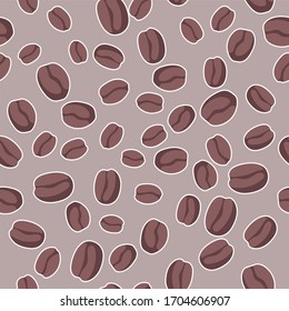 Coffee. Seamless pattern. Vector. Background for coffee shop, fabric, site. Coffee beans scattered on the background.