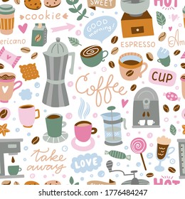 Coffee seamless pattern. Vector background with sweet food, coffee cups, coffee machine and cafe graphics