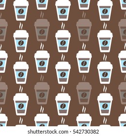 Coffee seamless pattern, vector background. Cups of coffee and coffee beans. For coffee lover