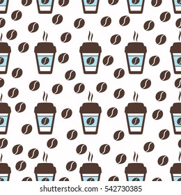 Coffee seamless pattern, vector background. Cups of coffee and coffee beans. For coffee lover