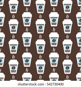 Coffee seamless pattern, vector background. Cups of coffee and coffee beans. For coffee lover