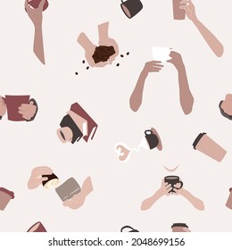 Coffee seamless pattern vector, lady boss hands with coffee abstract background