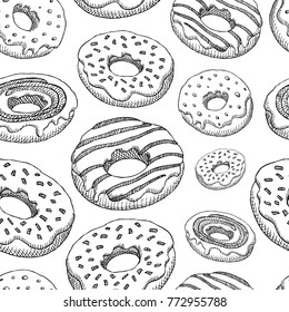 Coffee seamless pattern vector, coffee shop packaging design, sketch style. Coffee, desserts, tea, breakfast, cakes, donut. mug, cup, coffee grinder. Hand drawn vector.