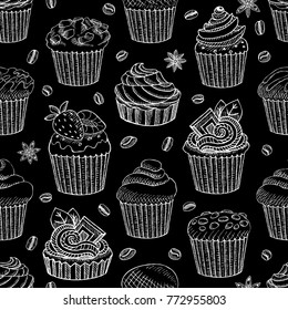 Coffee seamless pattern vector, coffee shop packaging design, sketch style. Coffee, desserts, tea, breakfast, cakes, donut. mug, cup, coffee grinder. Hand drawn vector.