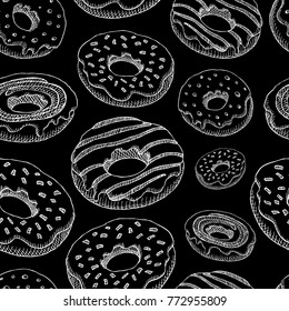Coffee seamless pattern vector, coffee shop packaging design, sketch style. Coffee, desserts, tea, breakfast, cakes, donut. mug, cup, coffee grinder. Hand drawn vector.