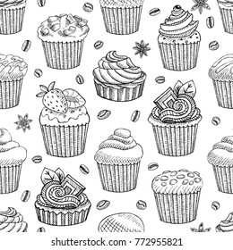 Coffee seamless pattern vector, coffee shop packaging design, sketch style. Coffee, desserts, tea, breakfast, cakes, donut. mug, cup, coffee grinder. Hand drawn vector.