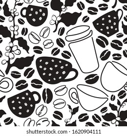 Coffee seamless pattern. Vector tree, branch, raw bean, grain, cup. Art hand drawn graphic illustration on white background. Aroma drink. Monochrome print for cafe, textile