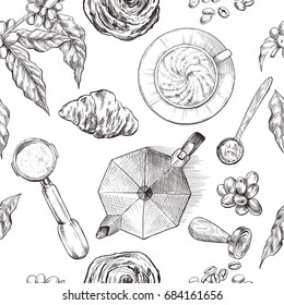 Coffee, seamless pattern, vintage hand drawn sketch vector illustration. Top view.