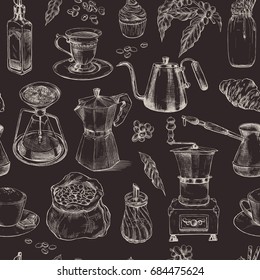 Coffee, seamless pattern, vintage hand drawn sketch vector illustration. Dark background.