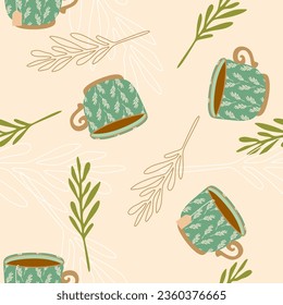 Coffee seamless pattern vintage style. Retro styled hot coffee cup on light background. Repeat vector illustration for cafe, cafeteria, restaurant, menu, textile, fabric, Decoration.