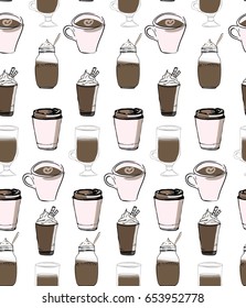 Coffee seamless pattern for your designs: t-shirts, bags, for posters, invitations, cards Vector illustration