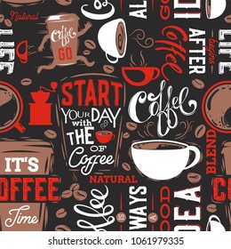 Coffee Seamless Pattern.Coffee Lettering.Vector illustration.