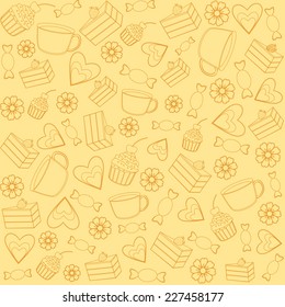 coffee seamless pattern.cup, candy, hearts and flowers on a beige background, vector