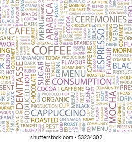 COFFEE. Seamless vector background. Wordcloud illustration.