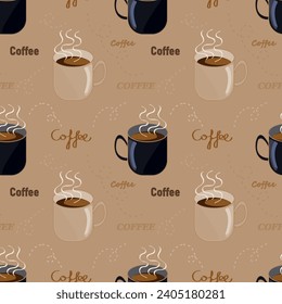 Coffee seamless vector pattern, cup of coffee, doodle lettering