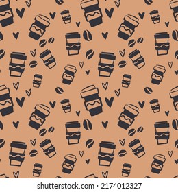 Coffee seamless vector pattern in a cute style for backgrounds, banners, menus, coffee shops, wrapping paper, textiles, etc