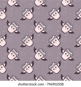 Coffee seamless vector pattern. Cute cup with wings. Template for fabric, wrapping paper and menu decoration.