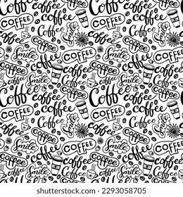 Coffee seamless vector pattern doodle style, different hand lettering words with cup and flowers . Grunge endless texture. Eat good, feel good. Enjoy your meal. Seamless texture for menu design.