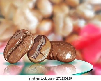Coffee seed on glass table with coffee blur background