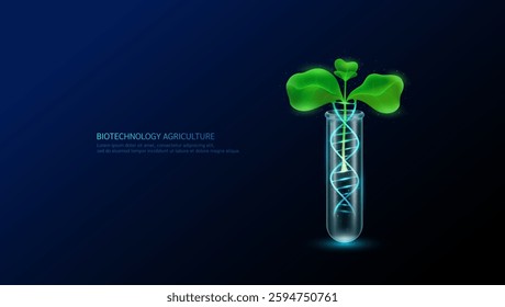 Coffee seedling green in DNA helix structure neon in transparent glass test tube. Biotechnology in cultivation agriculture industry. Plant growth genetic experiment scientific. Vector illustration.